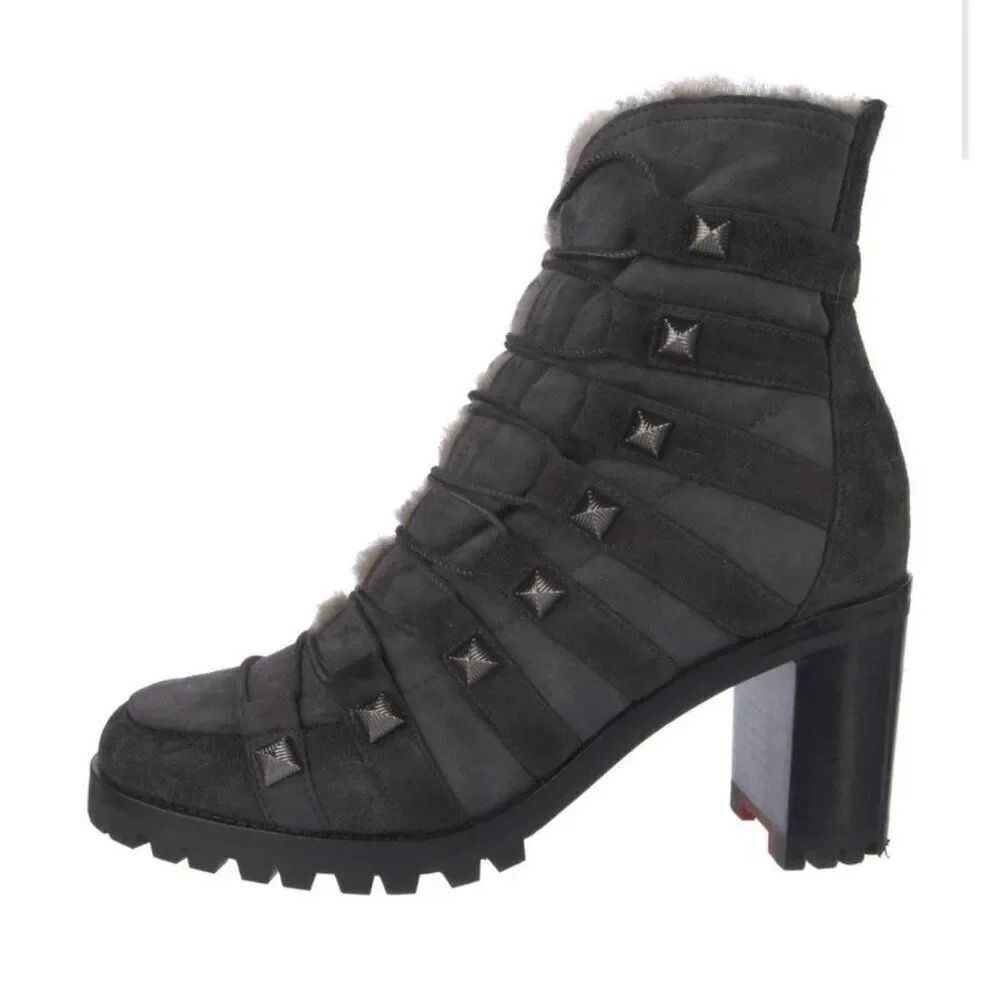 christian louboutin Authentic Gray Black Suede Leather Heel Combat Boots 8